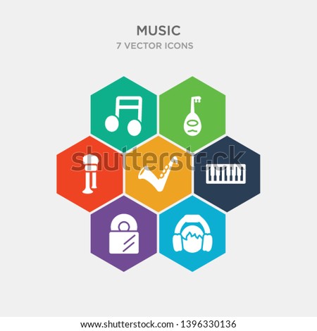 simple set of boy with headphones, long play record cover, seven piano keys, sax icons, contains such as icons bladder pipe, lute, music note black and more. 64x64 pixel perfect. infographics vector