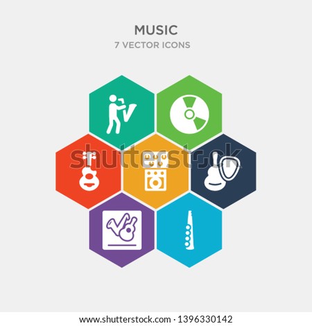 simple set of piccolo, event poster, guitar pick, guitar pedal icons, contains such as icons spanish guitar, long play, musician with saxophone and more. 64x64 pixel perfect. infographics vector
