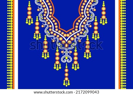 necklace design  Uba flower pattern  Beautifully arranged in orange, yellow, white tones.  Background with traditional blue embroidery for women fashion, background, wallpaper, clothing and wrap.