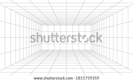 Empty futuristic digital box room white background with black grid space line color surface. Network cyber technology. banner, cover, terrain, sci-fi, wireframe, and related to background.
