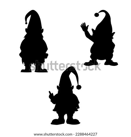 Black silhouette of a fantasy dwarf. A black and white icon of a forest fairy. Flat logo of a gnome isolated on white background.