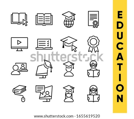 Education vector icons set for internet and online education, e-learning resources, distant online courses, colleges, academies universities and schools. Line art minimalist style. Black color.