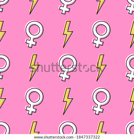 Girl power seamless pattern with flash lightning and female symbols. Feminism themed background. Yellow bolts on pink background. Vector illustration.
