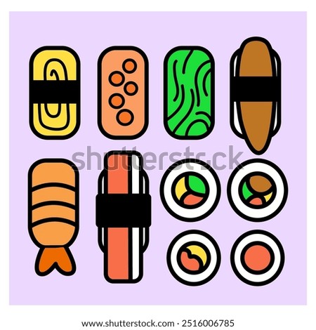 Sushi icon flat colorful set design for packaging