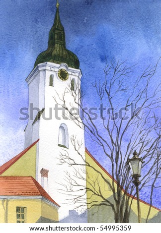 Watercolor of Church On the Hill (Toomkirik) in the old city of Tallinn, Estonia, Europe