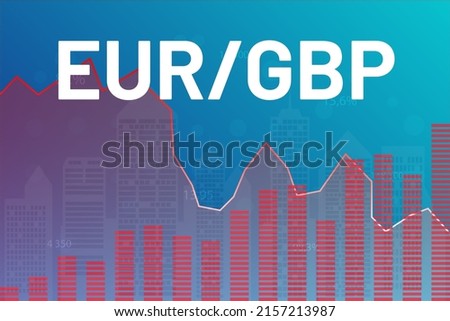 Graph currency pair EUR, GBP on blue finance background from columns, lines, numbers, city. Financial market concept