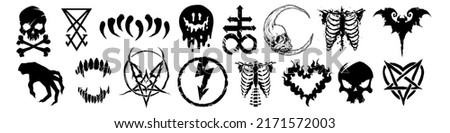 Big set of different Gothic style design for prints. Trendy style illustration. T-shirt print for Horror or Halloween. Hand drawing illustration isolated on background. Vector EPS 10