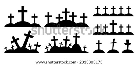 Set of cemetery black silhouettes. Graves with crosses for Halloween design. Cemetery icons. Vector illustration isolated on white background.