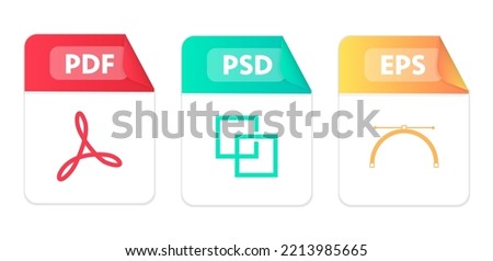 File type icons. Set of pdf, eps, psd. Collection colored icons for download on computer. Graphic templates for ui. Document types in flat style. Vector illustration. EPS 10
