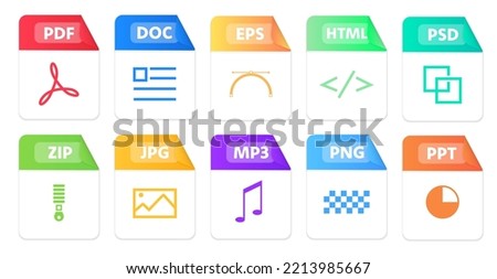 File formats flat icons set. White paper document pictograms with different file types, extensions. Web design graphic elements. Vector icons isolated on black background