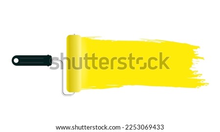 Painter painted a roller bright yellow strip on the wall, isolated on a white background