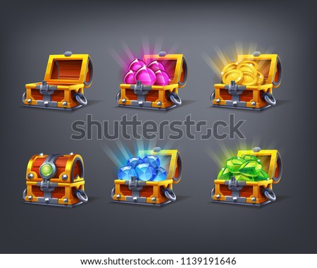 Set of cartoon colorful treasure chest empty, closed and full with green, blue, pink gems and golden coins. Vector illustration.