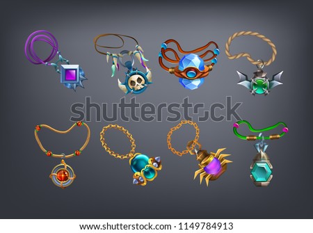 Set of fantasy jewelry decorations, amulets for game. Vector illustration. Imagine de stoc © 