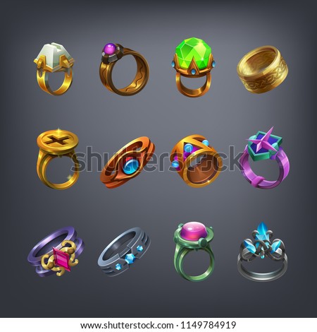 Set of fantasy jewelry decorations, rings for game. Vector illustration. Imagine de stoc © 