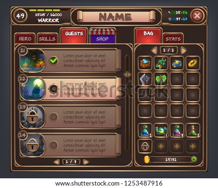 Example of user interface for rpg game. Vector illustration.