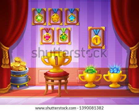 Cute cartoon background - room with red curtains and golden awards. Window victory with cup. Vector illustration.