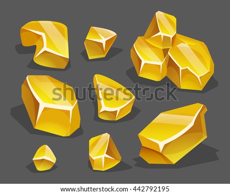 Cartoon golden ore in isometric style. Set of different golden boulders. Vector illustration.