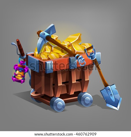 Mining concept background. Mine trolley with golden ore, shovel and pickaxe. Vector illustration.