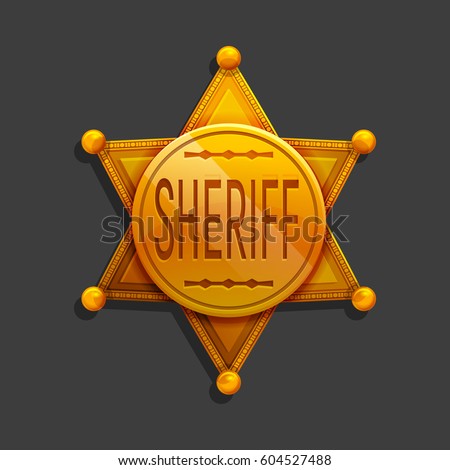 Cartoon golden hexagonal star icon. Vector illustration sheriff badge symbol.