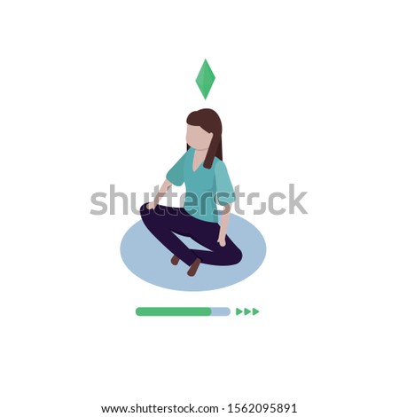 The woman is meditating. The process of filling a person. Increasing energy. Green brilliant over head. Isometric style. Vector illustration.