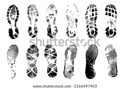 Footprints human shoes silhouette, vector set.