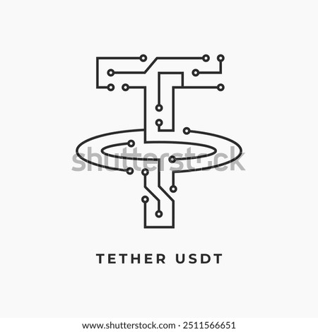 Tether (USDT) stable coin cryptocurrency logo from thin lines,  vector illustration.