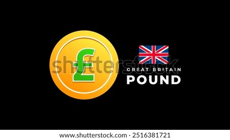 Coin with pound sterling sign, Flag of United Kingdom of Great Britain. Vector illustration for background or banner