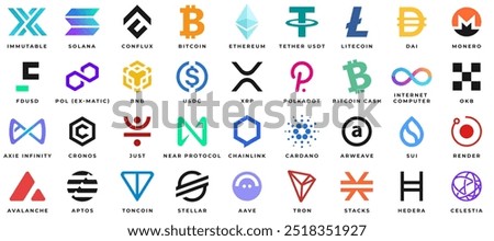 Set of vector logos of popular cryptocurrencies and tokens: Tether, Solana, Cardano, Avalanche, Sui, XRP, Render, BNB, Toncoin, Chainlink, Polkadot, Aptos, POL (ex-MATIC), Monero, Stellar and more.