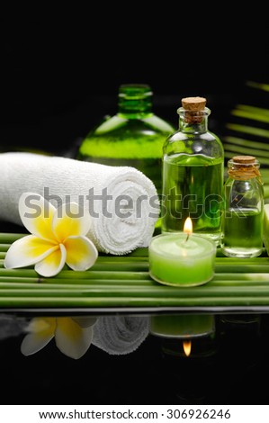 Still life with and candle, frangipani ,soap ,palm with row of plant stem