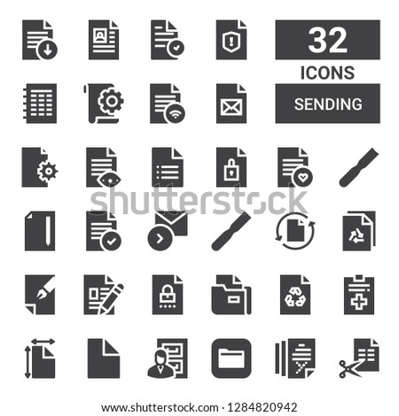 sending icon set. Collection of 32 filled sending icons included File, Files, Sending