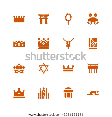 religious icon set. Collection of 16 filled religious icons included Prayer, Turban, Church, Crown, Torii gate, Judaism, Bible, Ankh, Pastafarianism