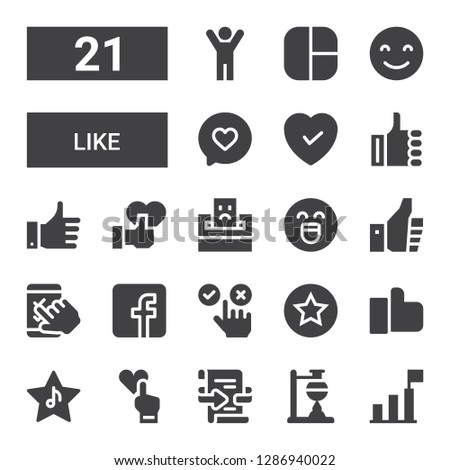 like icon set. Collection of 21 filled like icons included Success, Experiment, Feedback, Like, Rate, Facebook, Thumbs up, Emotion, Complaint, Happy, Instagram