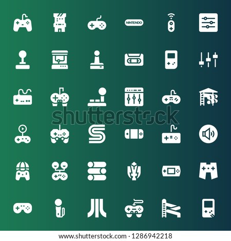console icon set. Collection of 36 filled console icons included Gameboy, Slider, Gamepad, Atari, Joystick, Fighting game, Volume adjustment, Sega, Gameplay, Levels, Gamepads