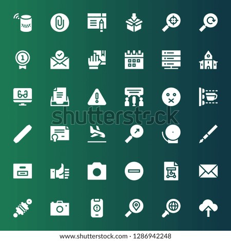 interface icon set. Collection of 36 filled interface icons included Upload, Search, Warning, Photo camera, Damper, Email, Wireframe, Minus, Like, Box, Pen, Bell, Landing page