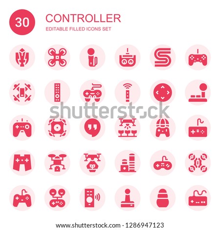 controller icon set. Collection of 30 filled controller icons included Fighting game, Drone, Joystick, Remote control, Sega, Gamepad, Controller, Hangout, Toy