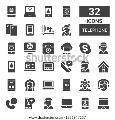 telephone icon set. Collection of 32 filled telephone icons included Laptop, Phone, Call center, Smartphone, Phone operator, London eye, Emergency call, Address, Phone call, Pager
