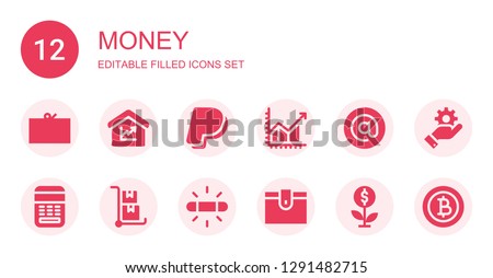 money icon set. Collection of 12 filled money icons included Coupon, Amount, Paypal, Profit, Arroba, Calculator, Trolley, White balance, Wallet, Growth, Management, Baht