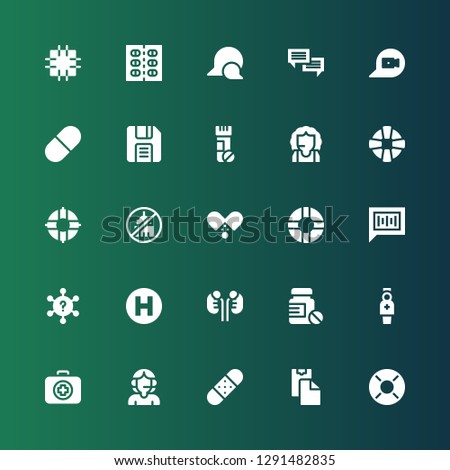 help icon set. Collection of 25 filled help icons included Lifebuoy, Paste clipboard, Bandage, Call center, Medical kit, Nurse, Pills, Kidneys, Hospital, Question, Chat, Lifesaver