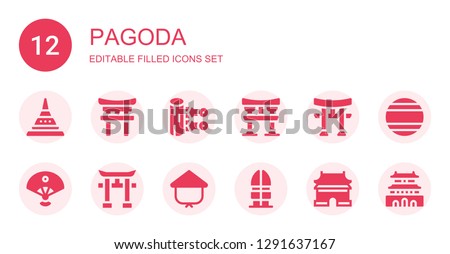 pagoda icon set. Collection of 12 filled pagoda icons included Doi suthep, Torii, Kunai, Sensu, Kasa, Korea, Ming dynasty tombs, Thailand, Forbidden city