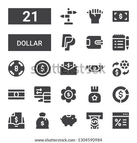 dollar icon set. Collection of 21 filled dollar icons included Sale, Atm, Piggy bank, Money, Taxes, Diagram, Transfer, Bill, Exchange, Cash, Coin, Casino, Wallet, Paypal, Drawing