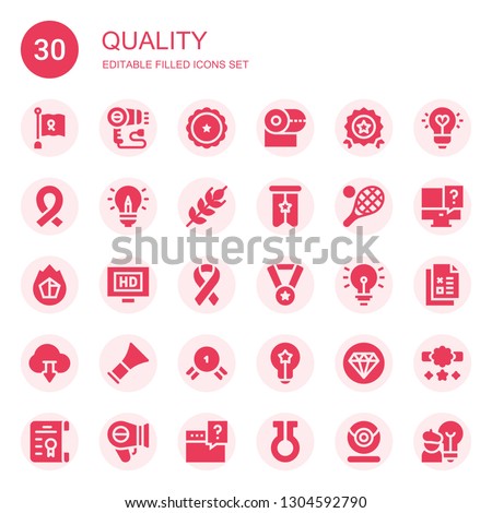 quality icon set. Collection of 30 filled quality icons included Ribbon, Hairdryer, Toilet paper, Quality, Idea, Wheat, Banner, Tennis, Charcoal, Hd, Medal, Download, Barber, Question