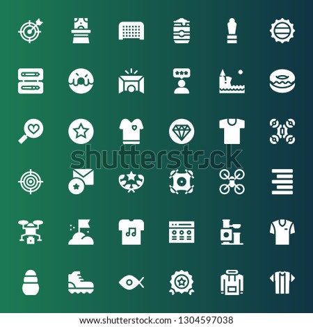top icon set. Collection of 36 filled top icons included Tshirt, Hoodie, Quality, Fisheye, Climbing, Toy, Shirt, Rate, Goal, Drone, Align right, Award, Favorite, Favorites, Donut