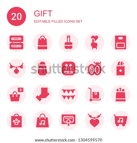 gift icon set. Collection of 20 filled gift icons included Pencil box, Shopping bag, Bag, Heart, Paper bag, Garland, Toy, Package, Brooch, Garlands, Delivery cart, Certificate