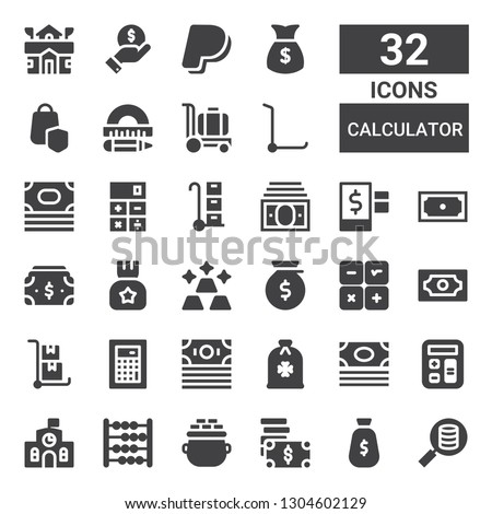 calculator icon set. Collection of 32 filled calculator icons included Money, Gold, Abacus, School, Calculator, Trolley, Credit, Income, Protractor, Secure shopping, Paypal, Finance