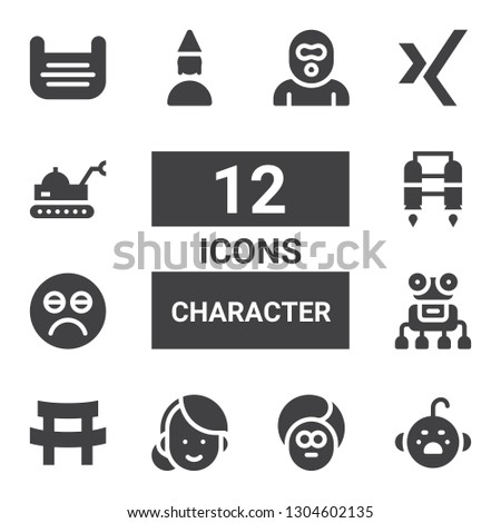 character icon set. Collection of 12 filled character icons included Cry, Face, Woman, Katana, Robot, Sad, Jet pack, Birthday girl, Xing, Mask, Burglar