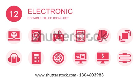 electronic icon set. Collection of 12 filled electronic icons included Laptop, Hard disc, Gamepad, Calculator, Paypal, Audiobook, Shutter, Computer, Hidrive, Connector