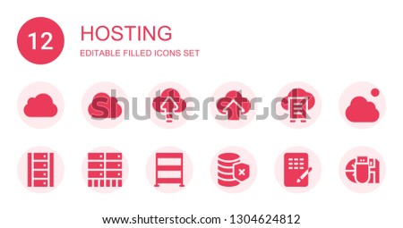 hosting icon set. Collection of 12 filled hosting icons included Icloud, Cloud, Cloud computing, Cloud data, Server, Rack, Database, Data storage