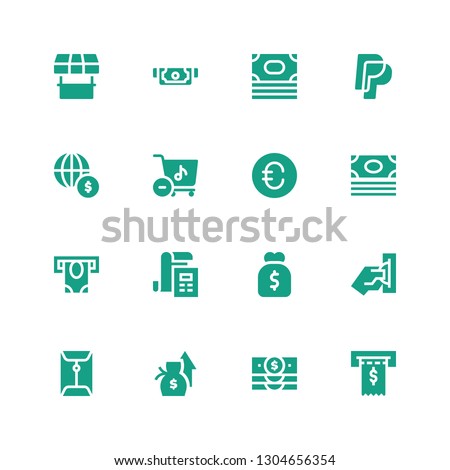 payment icon set. Collection of 16 filled payment icons included Invoice, Banknote, Salary, Coin, Insert coin, Purse, Bill, Atm, Money, Euro, Store, Economy, Paypal, Cash