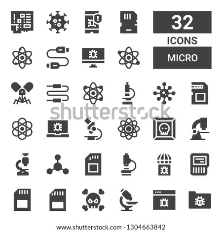 micro icon set. Collection of 32 filled micro icons included Virus, Microscope, Sd, Memory card, Sd card, Bacterias, Atom, Atomic, Connector, Usb cable, Microchip