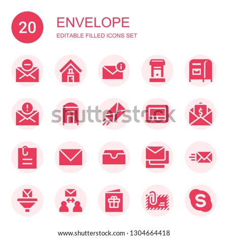 envelope icon set. Collection of 20 filled envelope icons included Mail, Address, Email, Letterbox, Mailbox, Envelope, Pager, Attached file, Inbox, Messages, Postcard, Skype